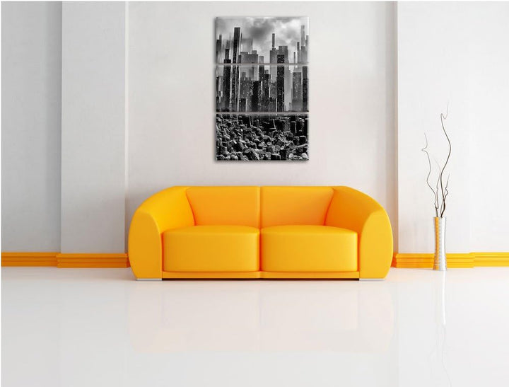 Pixxprint Stadt in Trümmern / 3-Teilig/Gesamtmass 120cm Leinwandbild bespannt auf Holzrahmen/Wandbil