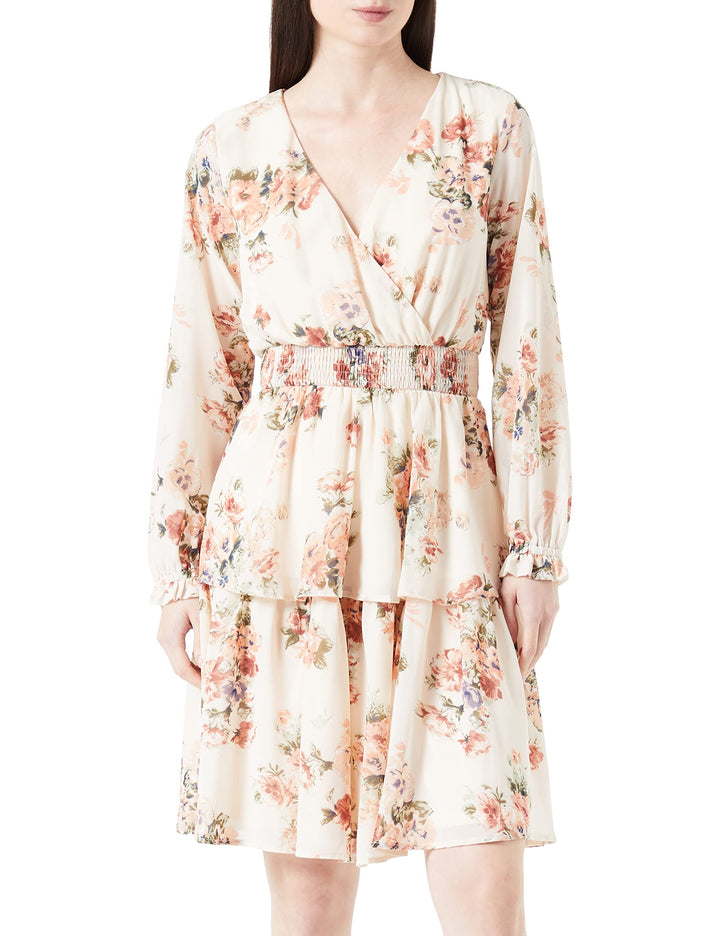 NAME IT Damen Onlphilippa L/S V-neck Layered Dress Ptm S Cloud Dancer/Aop:pink Flower, S Cloud Dance