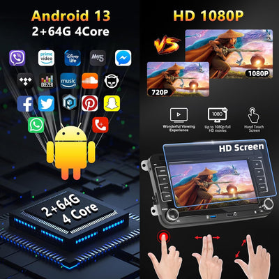 Podofo 2+64G Android 13 Autoradio für VW Golf 5 Tiguan Touran Passat Polo Skoda Caddy Seat mit Wirel