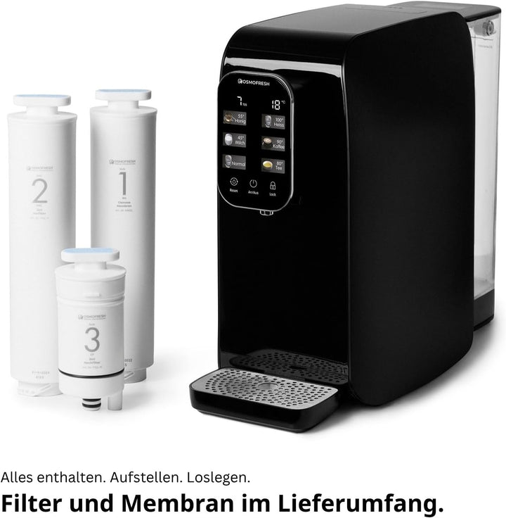 OsmoFresh® Auftisch Osmoseanlage Quella Life Black Edition mit 6 Temperaturstufen (~15-100°C) mobil