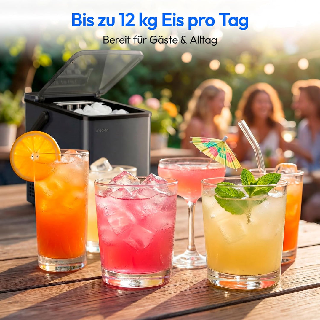 MEDION Eiswürfelmaschine, selbstreinigend, 12 kg Eis/Tag Eiswürfelbereiter, 2 Eiswürfelgrössen S & L