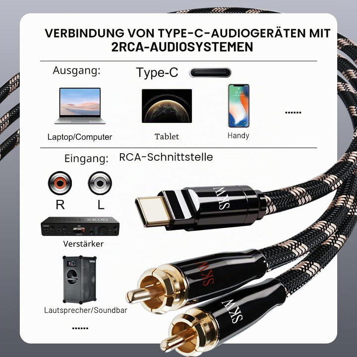 SKW Audiophiles Type C auf 2RCA Kabel, USB C auf Cinch Audio Kabel für Telefon, Laptop, Verstärker,