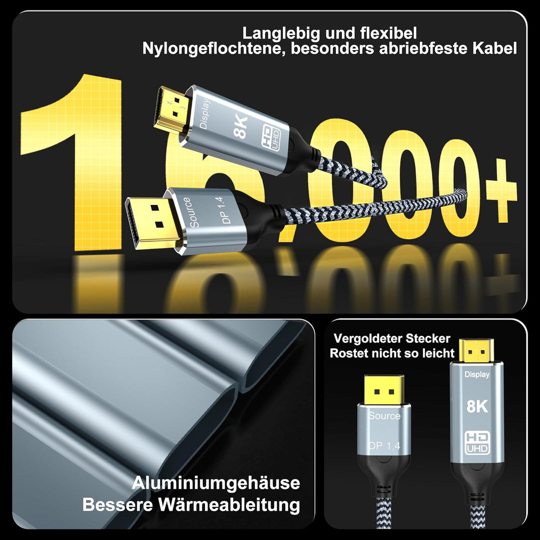8K DisplayPort 1.4 zu HDMI 2.1 Kabel 3 m, 8K 60Hz 4K 120Hz 144Hz 2K 240Hz, HDR, Nur von DP zu HDMI F