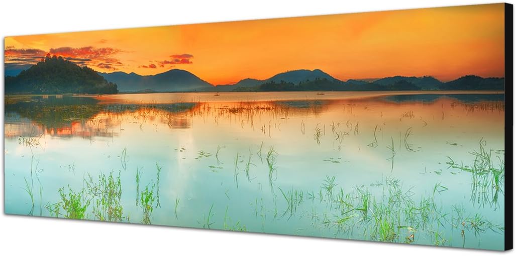 Paul Sinus Art Panoramabild auf Leinwand und Keilrahmen 150x50cm See Berge Sonnenaufgang Landschaft