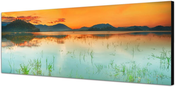 Paul Sinus Art Panoramabild auf Leinwand und Keilrahmen 150x50cm See Berge Sonnenaufgang Landschaft