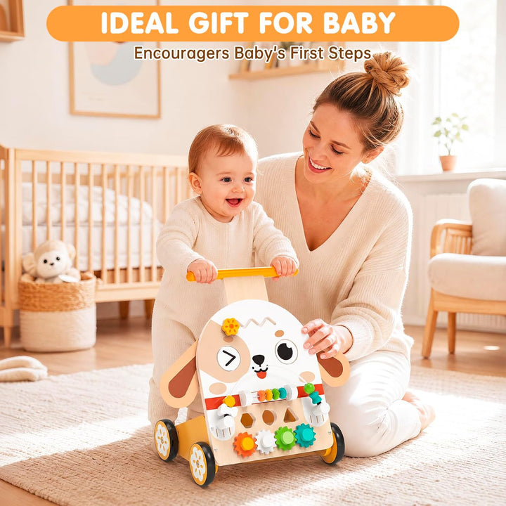 Lauflernwagen Holz Hund Montessori 6-in-1, Motorikwürfel | Lauflernwagen im niedlichen Hunde-Design,
