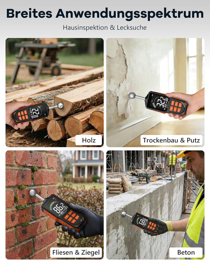 Feuchtigkeitsmessgerät Wand & Holz, Zerstörungsfreies Feuchtemesser mit Kugelsensor, 40mm Tiefenscan