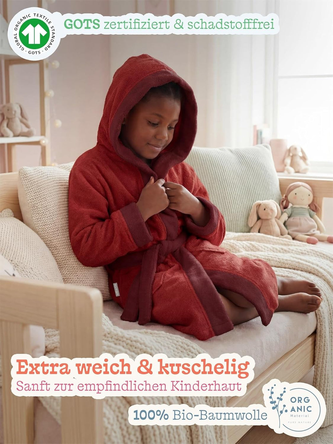 normani Kinder-Bademantel aus 100% Bio-Baumwolle mit Kapuze | Frottee Kapuzenbademantel mit oder ohn