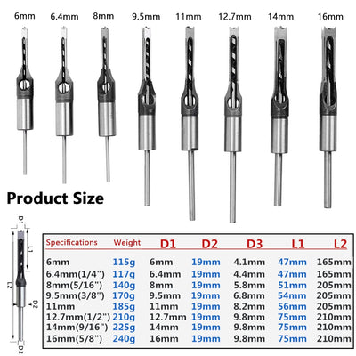 8 Stück Vierkantlochbohrer, Holzbearbeitungsstechbohrer 6/6,4/8/9,5/11/12,7/14/16mm Vierkantlochbohr