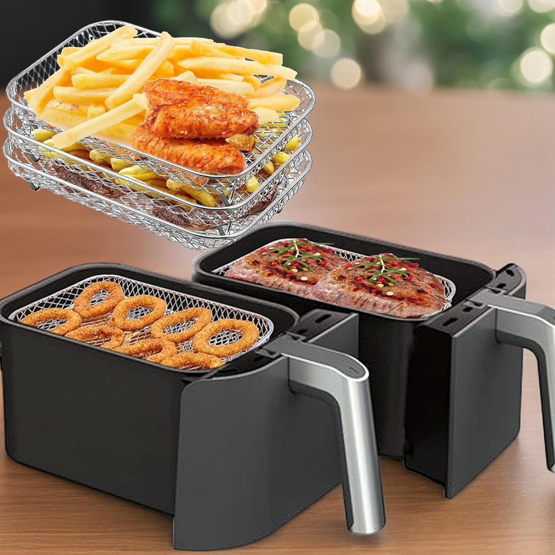 YUEMING Heissluftfritteuse Zubehör, 3 Layers Air Fryer Rack for Ninja Dual Basket mit Silikonfüssen,