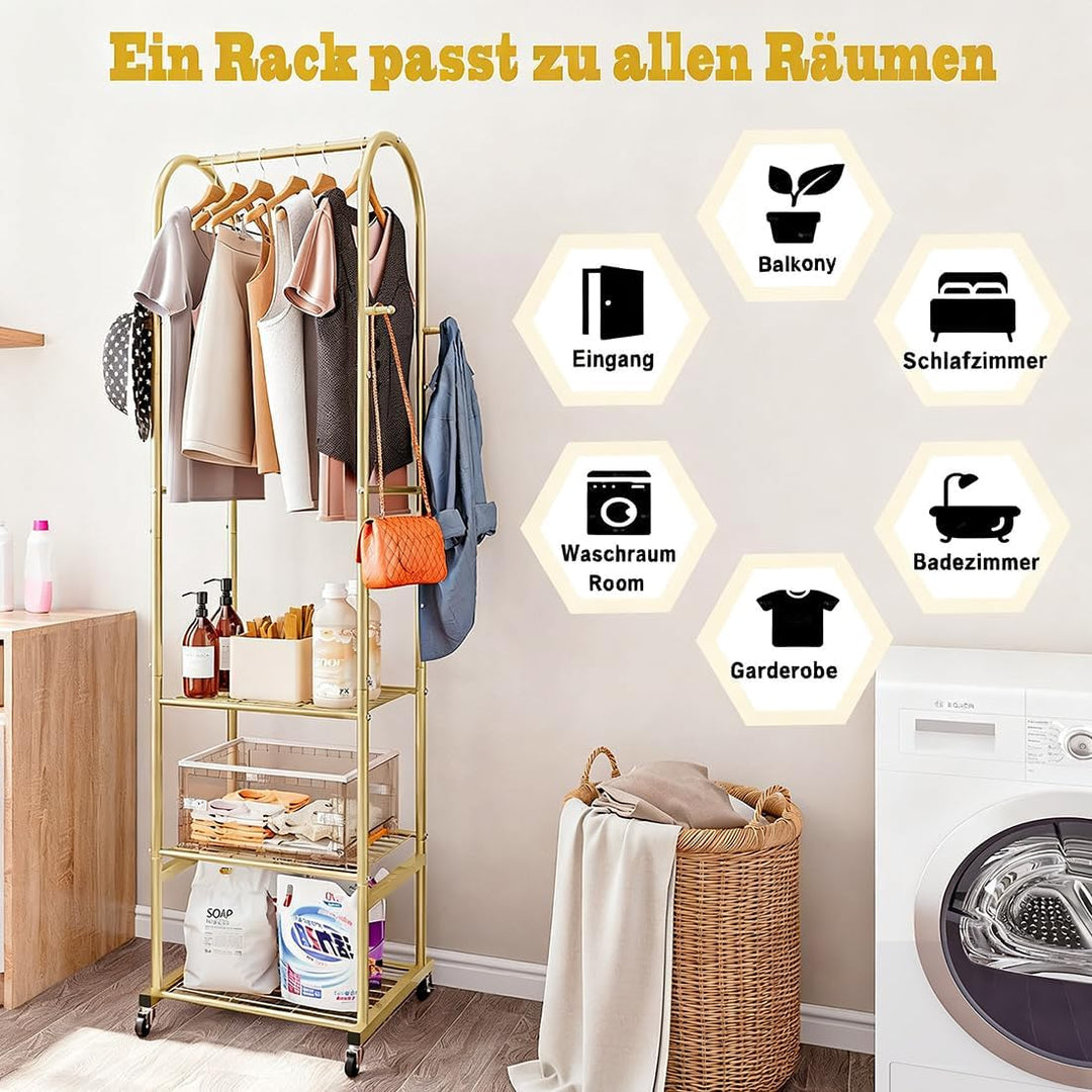 Kleiderständer mit Rädern und 3-stufigen Metallböden, Kleiderstangen zum Aufhängen von Kleidung mit