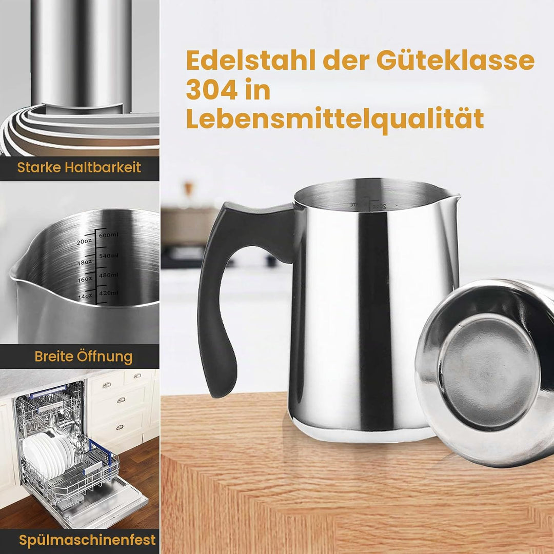Daily Treasures 600ml Milch schäumende Krüge mit schwarzem Kunststoffgriff, Anti-Verbrühung Metall M