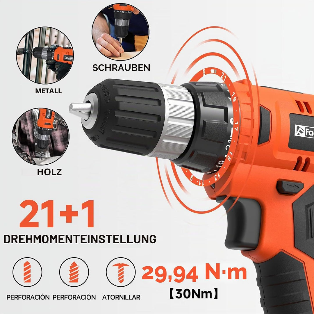 FADAKWALT Akkuschrauber, 20V Akku Bohrmaschine mit 2000 mAh Akku, 21+1 Drehmomentstufen, 60-tlg Akku