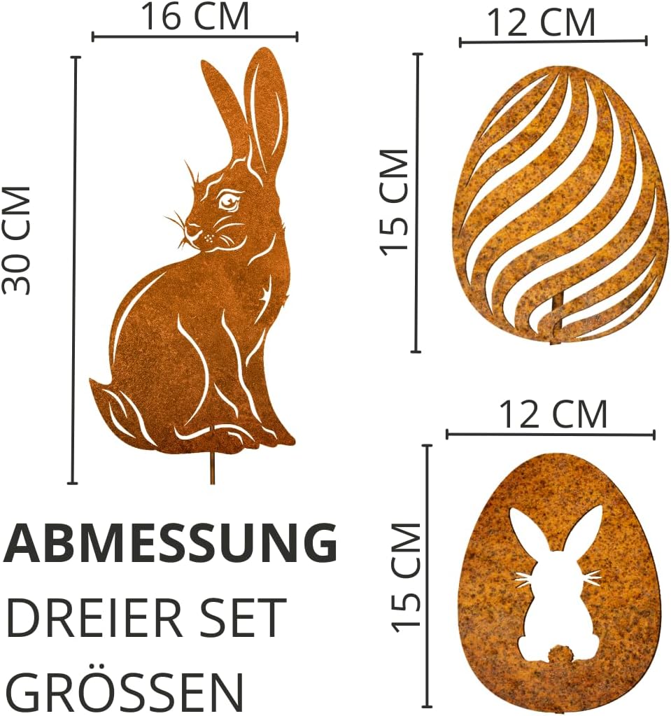 Terma Stahldesign Edelrost Osterdeko Set 3ST Osterhase mit Zwei Eier Handmade Germany, tolle gartend