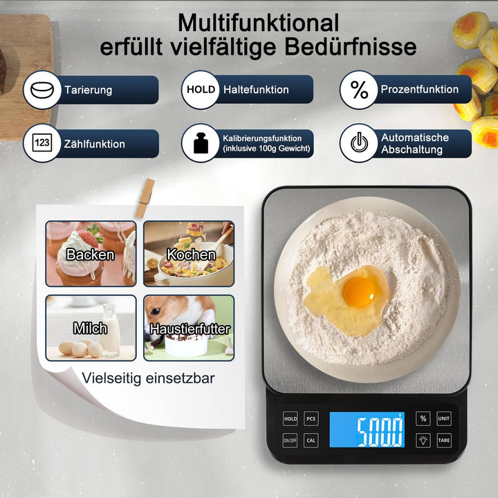 BOMATA 0.1g/5kg Grosse Digitale Küchenwaage, Hochpräzise Bäckereiwaage mit% Prozentfunktion. USB auf