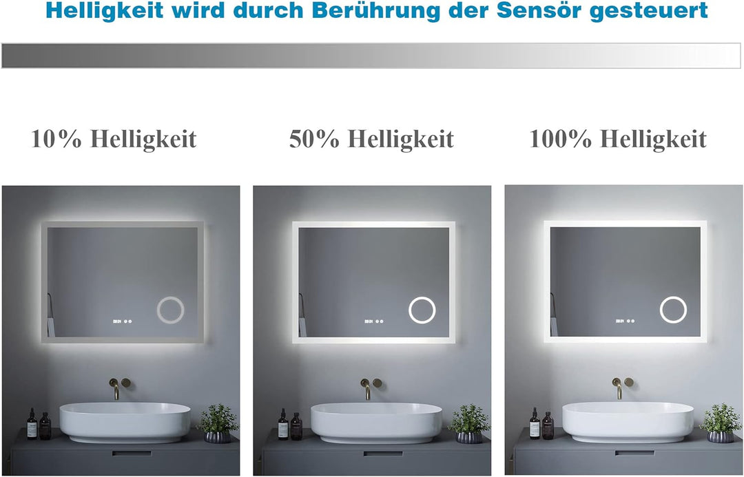 Badezimmerspiegel mit Licht Schminkspiegel Digital Uhr 120x60 cm Badspiegel mit LED Beleuchtung Kalt
