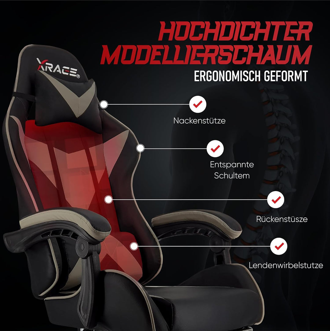 xRace Gaming-Stuhl Hoher Drehstuhl aus Leder mit Lendenwirbelstütze, Kopfstütze und Fussstütze, vers