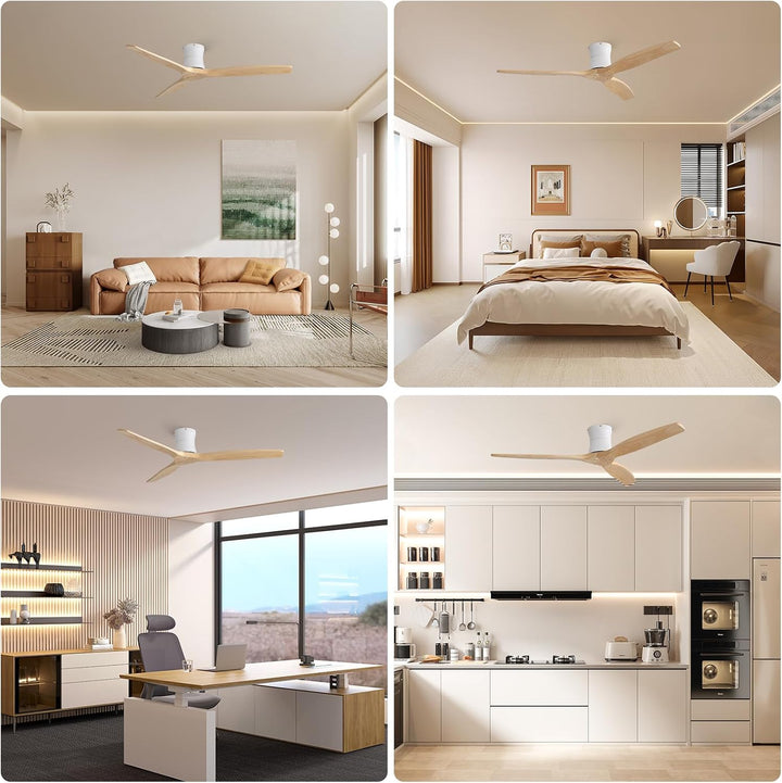 Sofucor Smart Deckenventilator mit Alexa/APP, Massivholz ,132cm Naturholz 132cm Pro, Naturholz 132cm