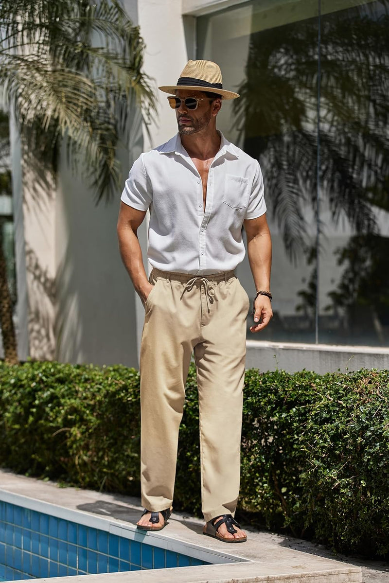 COOFANDY Herren Leinenhose mit Kordelzug Leicht Sommerhose Freizeithose Einfarbig Hose Lang für Männ