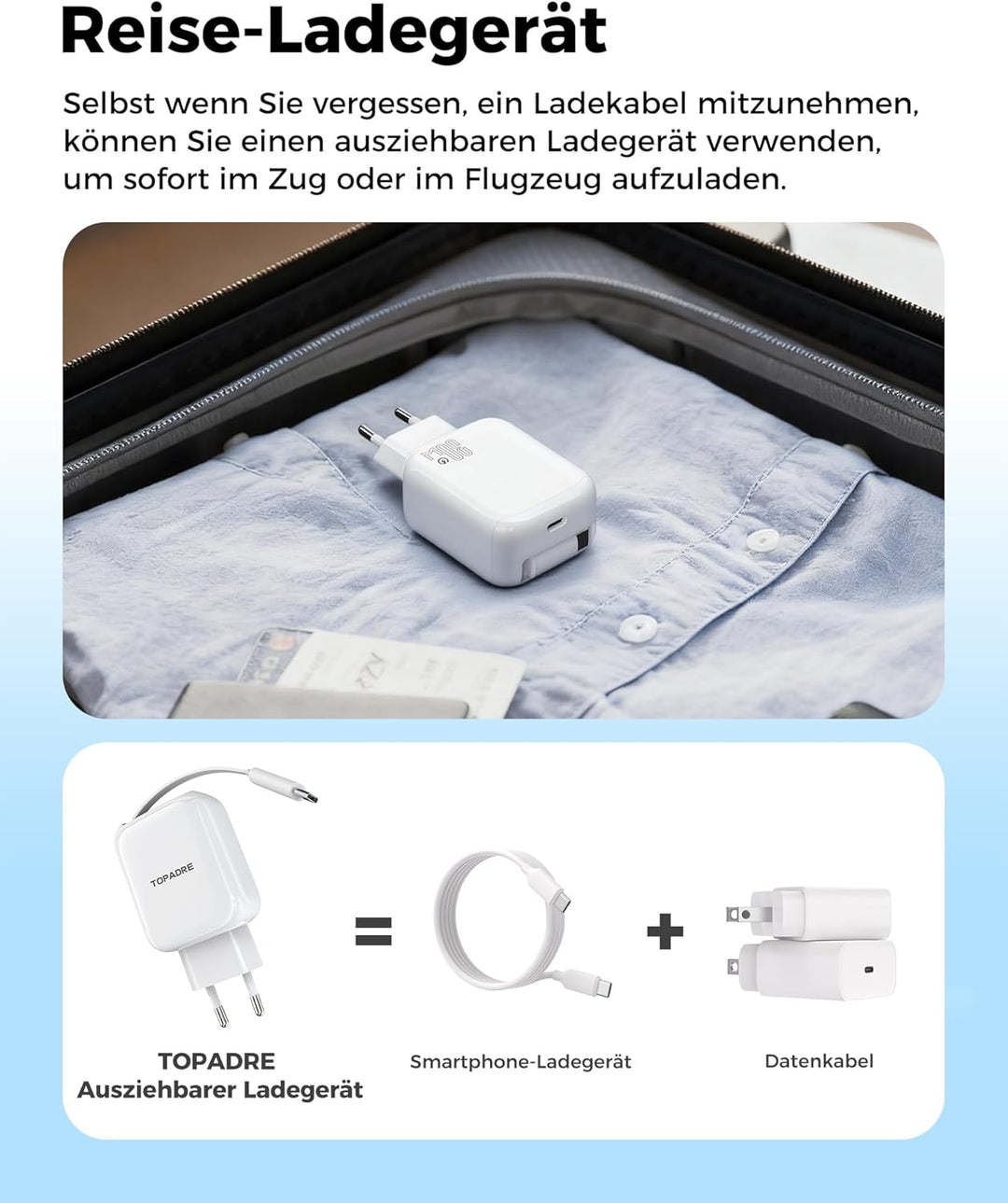 30W USB C Ladegerät, Schnellladegerät mit Einziehbares Ladekabel, GaN Ladestecker USBC PD 3.0 Power