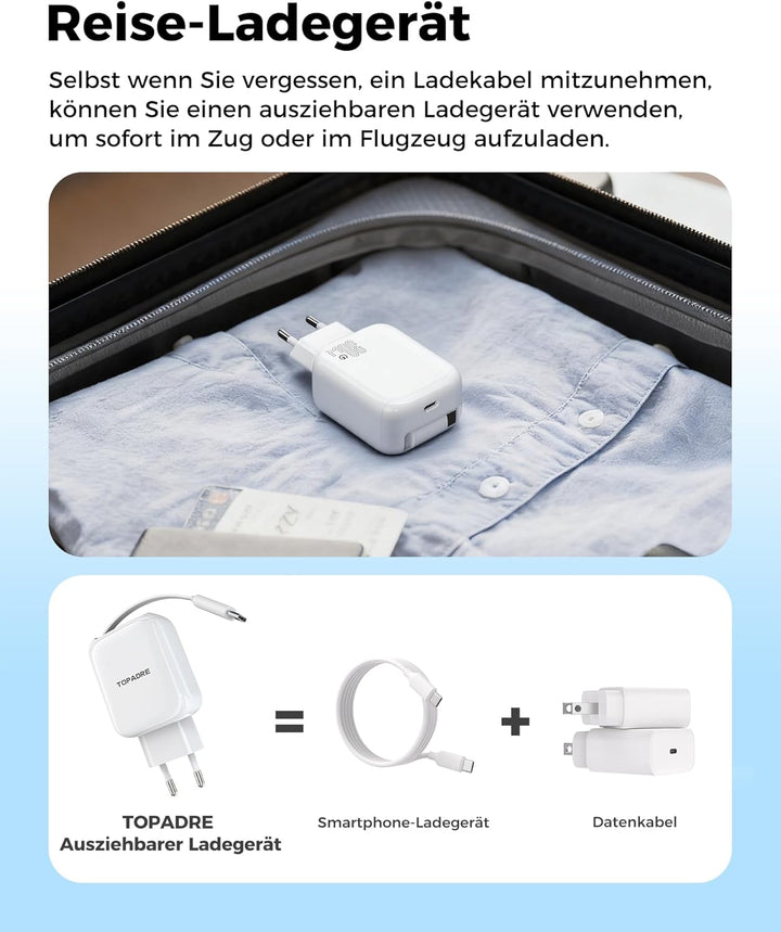 30W USB C Ladegerät, Schnellladegerät mit Einziehbares Ladekabel, GaN Ladestecker USBC PD 3.0 Power