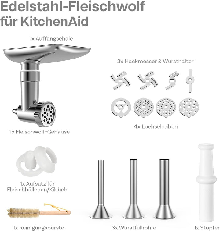 Fleischwolf Aufsatz Edelstahl für KitchenAid Standmixer - Fleischwolf Zubehör mit 4 Mahlscheibe, 3 W