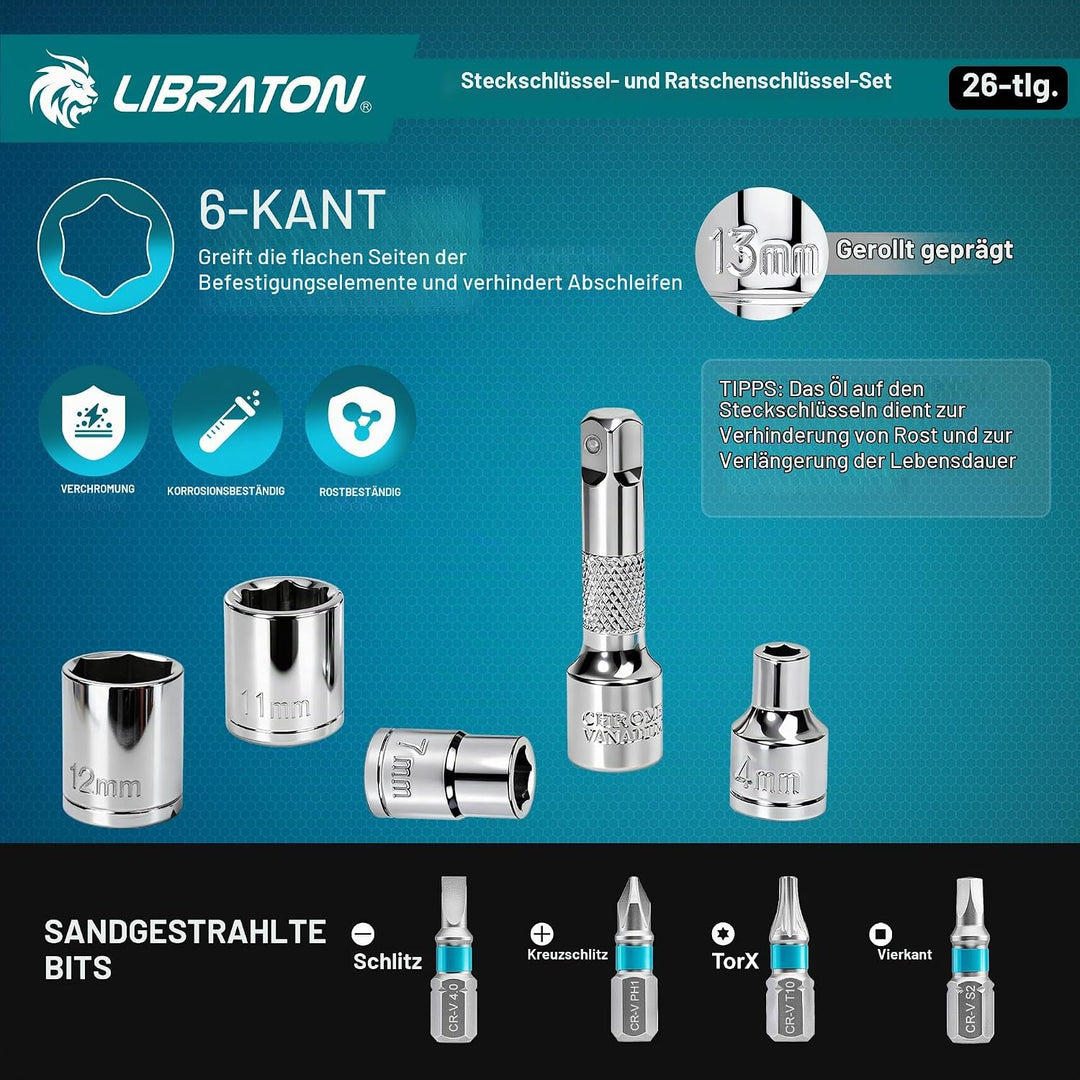 LIBRATON 26-tlg. 1/4 Zoll Ratschenkasten Mini Steckschlüsselsatz mit Bits, 4-14mm Stecknuss, Antrieb