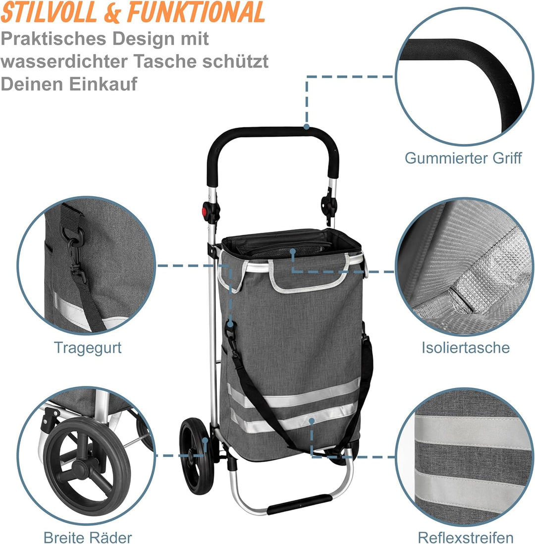 Relaxdays Einkaufstrolley, 2 grosse Räder, Kühlfach, abnehmbare Tasche, 45 l, bis 35 kg, Einkaufswag