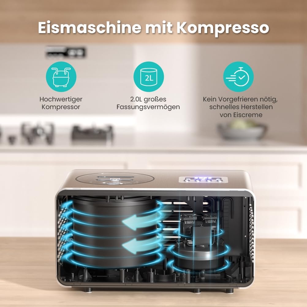 Acmeenjoy Eismaschine mit Kompressor 2L, Eismaschine Selbstkühlend Edelstahl 150W, mit Entnehmbarem
