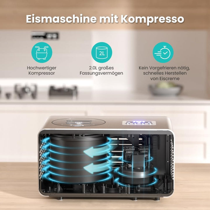 Acmeenjoy Eismaschine mit Kompressor 2L, Eismaschine Selbstkühlend Edelstahl 150W, mit Entnehmbarem