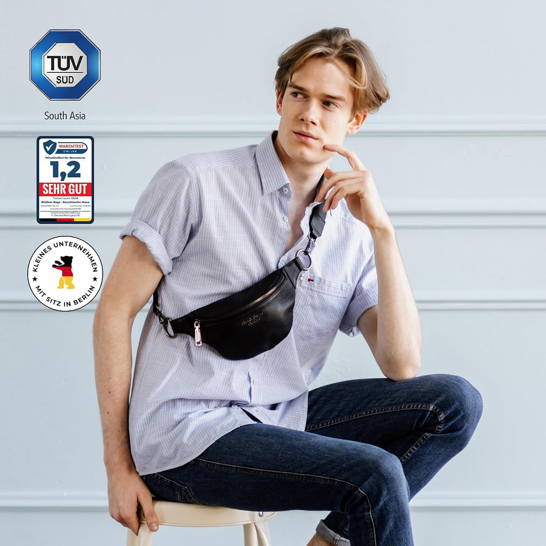 Berliner Bags Premium Bauchtasche Mona Fanny Pack aus Leder Umhängetasche Damen Herren (Schwarz), Sc