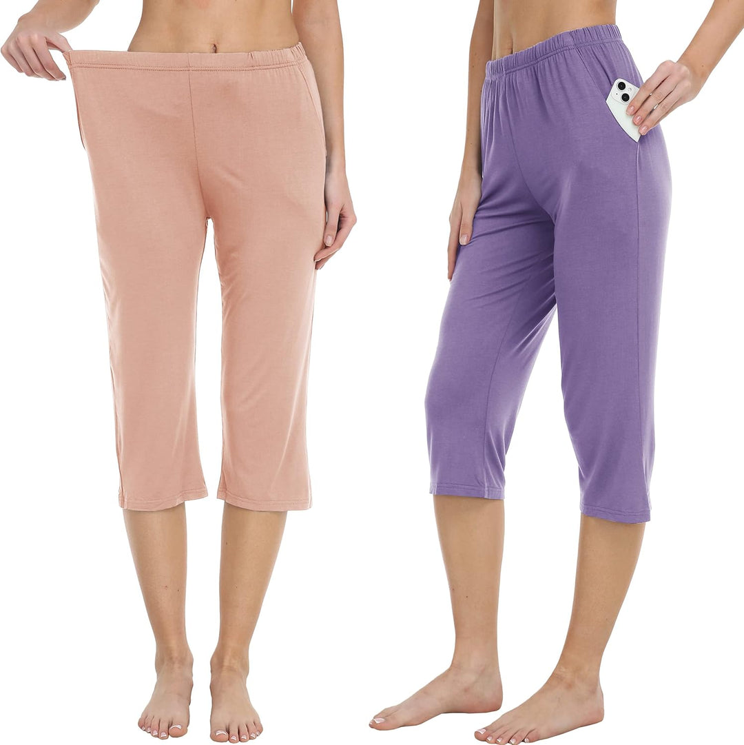 MoFiz Damen Schlafanzughose 3/4 Lang Schlafhose Modal Nachtwäsche Weich Pyjamahose Freizeithose mit