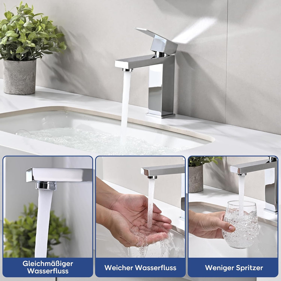 Waschtischarmatur Edelstahl Wasserhahn Bad mit Auslauf Höhe 110 mm, Mischbatterie Waschbecken Wasser