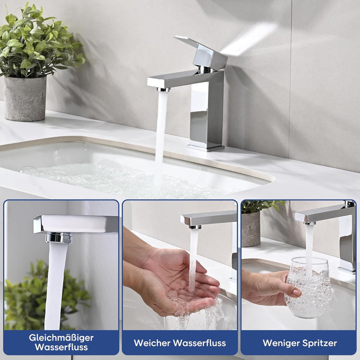 Waschtischarmatur Edelstahl Wasserhahn Bad mit Auslauf Höhe 110 mm, Mischbatterie Waschbecken Wasser