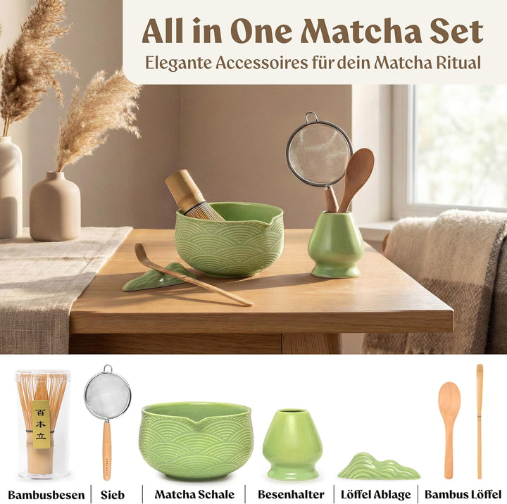 Matcha Set (7 Teilig) Matcha Schale mit Besen, Sieb, Löffel - Einzigartiges Design Ceremonial Grade