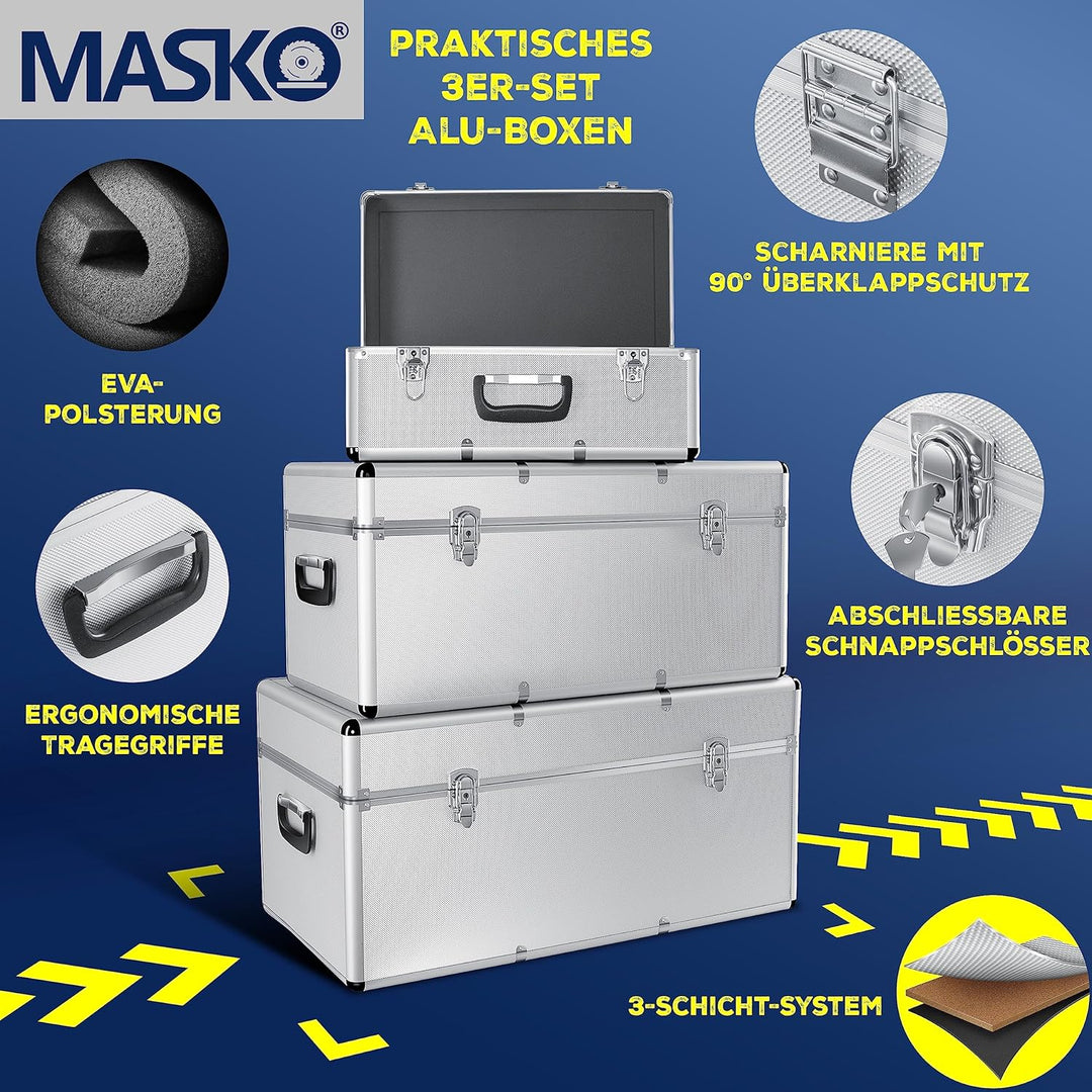 Masko® 3er SET Alu Boxen | Alubox | Alukiste | Werkzeugkoffer | Werkzeugkasten | Transportbox | Werk