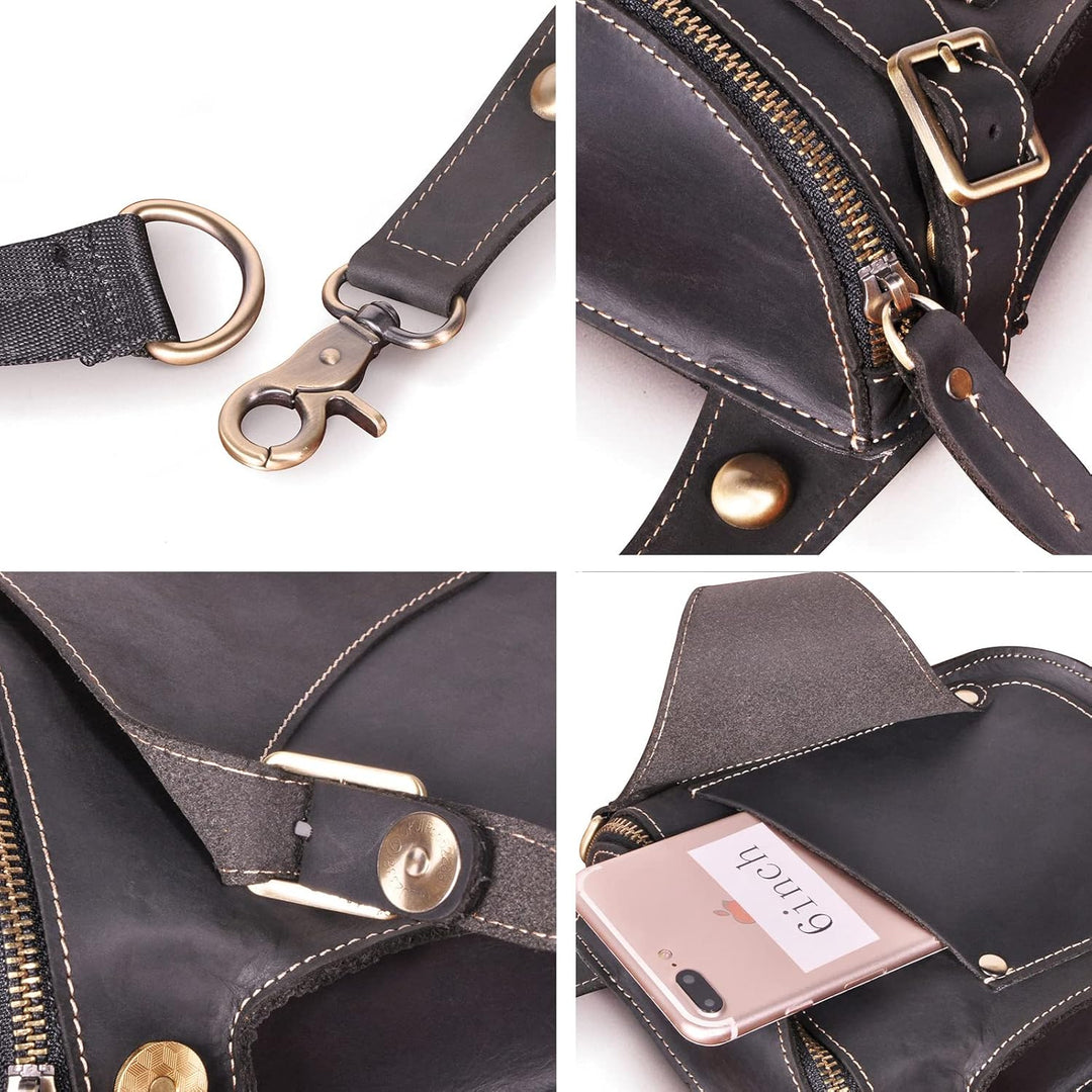 Le'aokuu Herren Leder Motorrad Hüfttasche Messenger Schulter Drop Leg Bag 9326 Dunkelschwarz, 9326 D