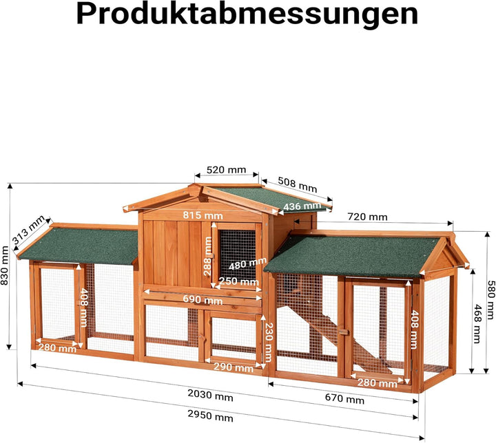 Wiltec XXL Hasenstall 2110 x 530 x 835 mm mit Freilaufgehege und erhöhtem Unterschlupf aus Kiefernho