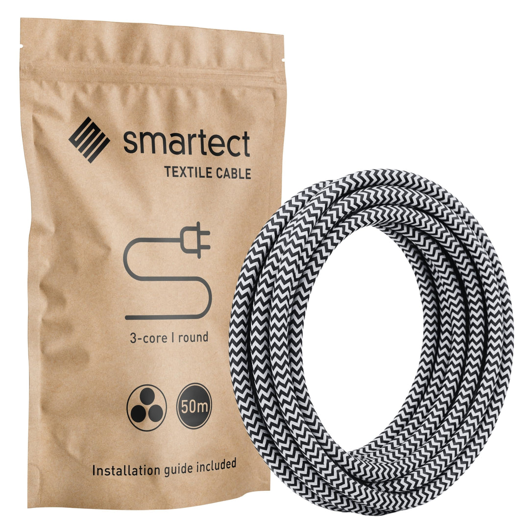 smartect Textilkabel 3-Adrig (3 x 0.75 mm²) Schwarz Weiss, 50 Meter | Vintage Lampenkabel Stoff, Str