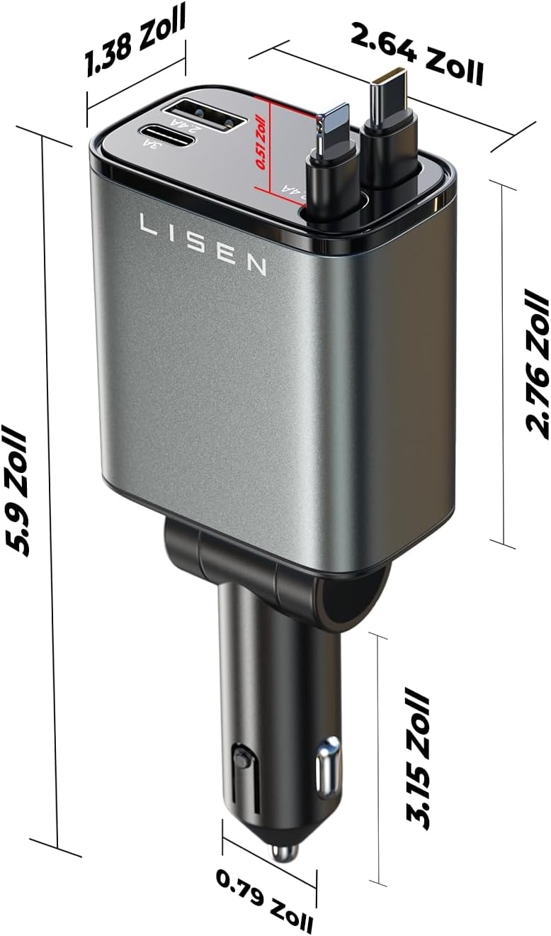 LISEN 69W Einziehbares Zigarettenanzünder USB C Schnellladegerät Ladegerät Auto Retractable ladekabe