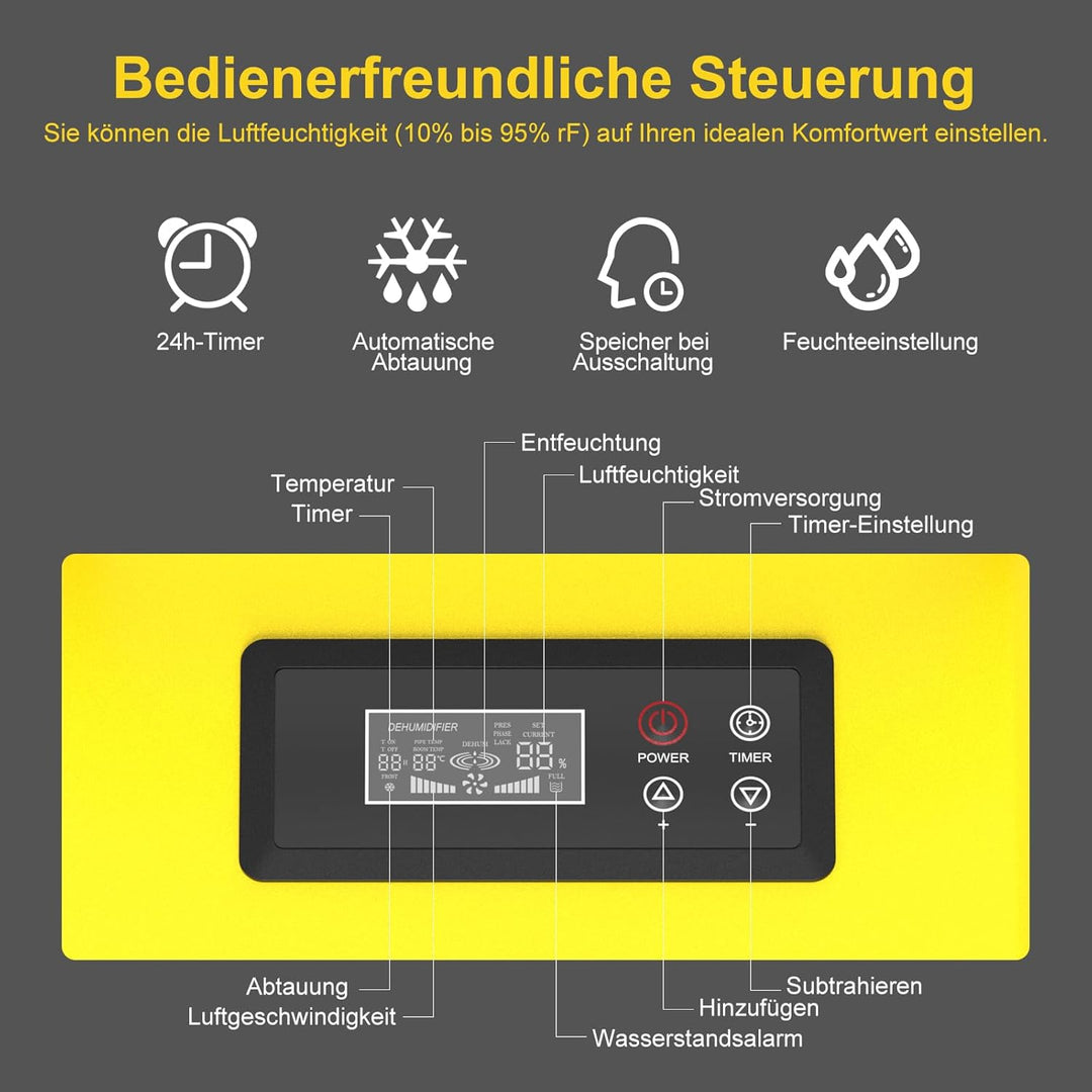 Bautrockner Luftentfeuchter Keller 50 L/Tag mit Integrierte Pumpe - Fläche 150 m²/380 m³ - 24Hr Time