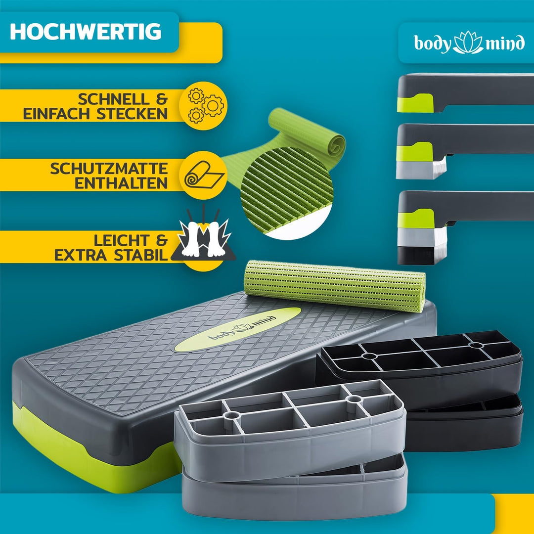 Body & Mind® Aerobic Steppbrett Stepper Step-Bench mit gratis Anti-Rutsch-Matte & exklusiven Trainin