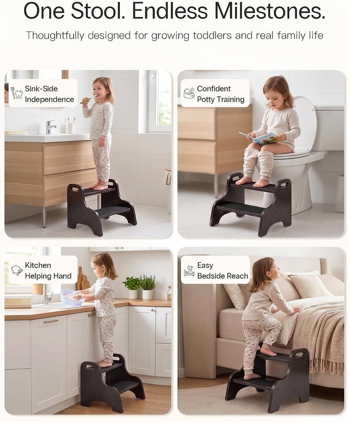 StrongTek Wood 2 Tritthocker für Kinder mit Rutschfester Trittfläche, tragbaren Griffen, rutschfeste