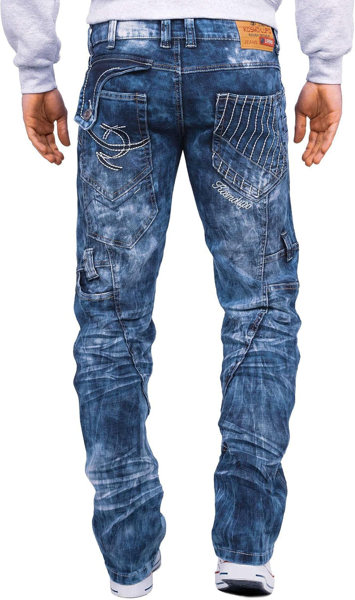Herren Jeans Regular Fit 5-Pocket mit Knopfleiste | Kontrastnaht in Weiss und Orange, Mehrfach-Zippe