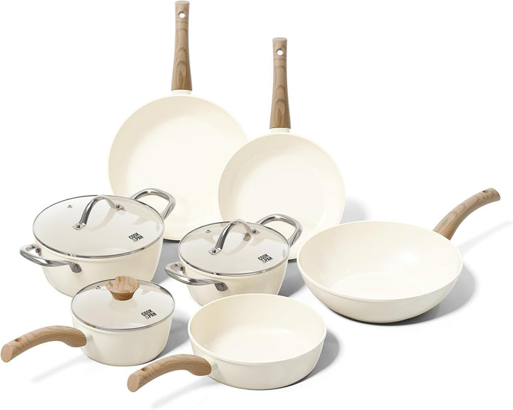 Cook & Pan - Go Ivory Topfset und Pfannenset, 7-teilig-Induktionsgeeignet-PFAS frei Keramik-Beschich