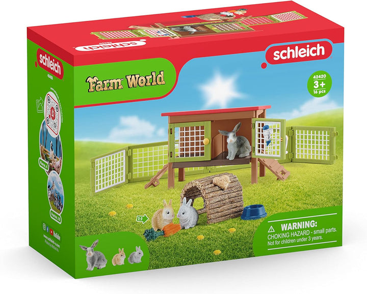 schleich 42420 FARM WORLD Kaninchenstall, 16 Teile Spielset mit 3 Kaninchen Tierfiguren, Stall und Z