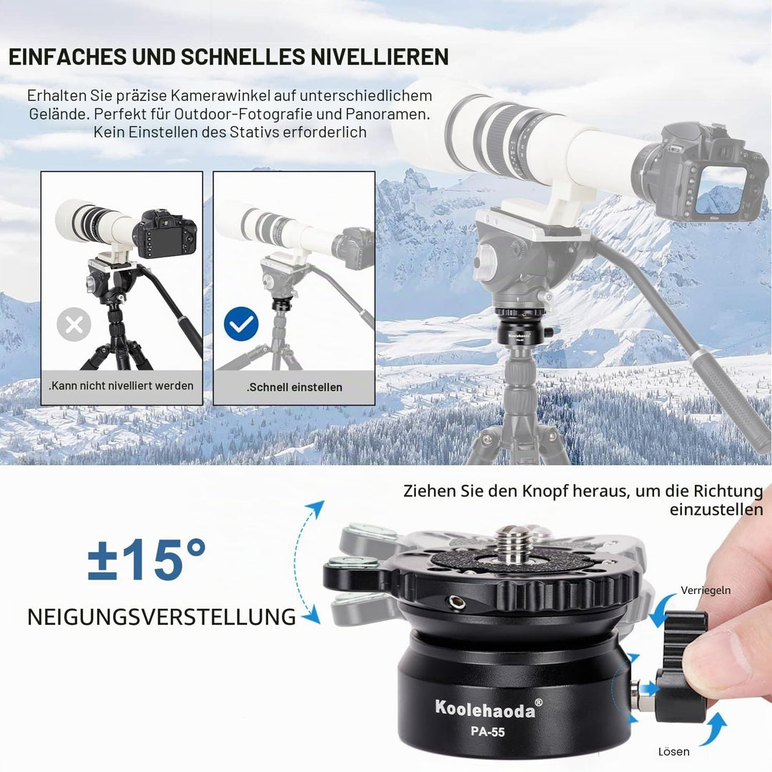 Koolehaoda PA-55 Stativ Nivellierbasis Leveling Base +/- 15 Grad Präzisionseinstellung mit 1/4 Zoll