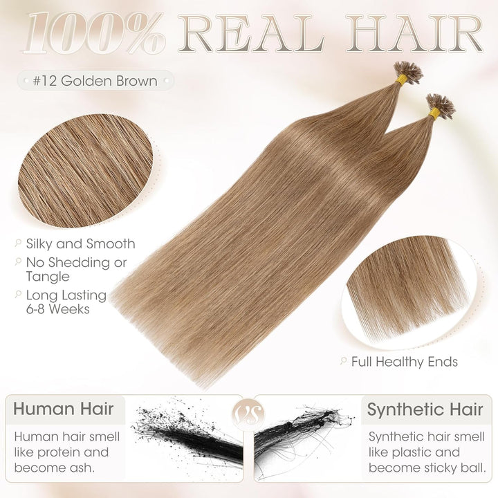Elailite Echthaar Extensions Bondings 35cm #12 Weissbraun, U Tip Hair Extensions Keratin 50 Strähne