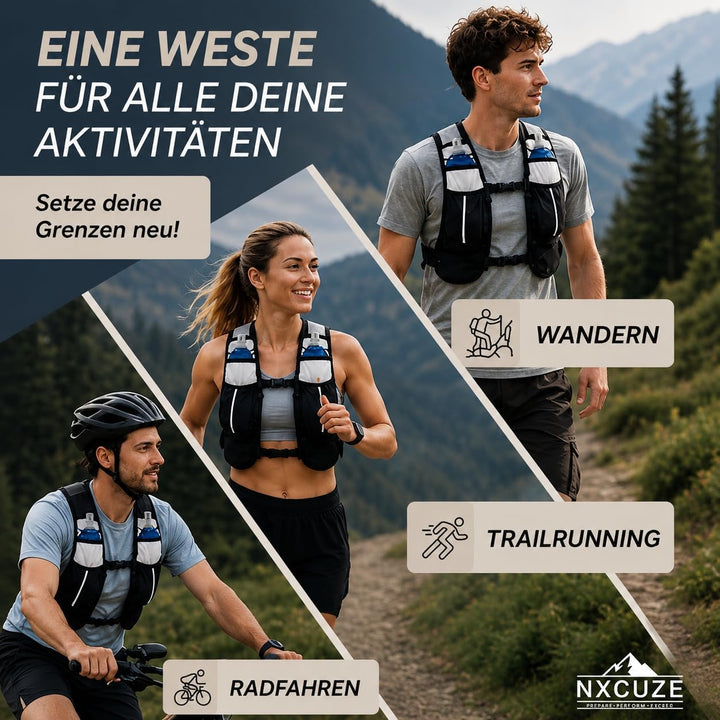 NXCUZE® Premium Laufweste Damen & Herren mit 2X 500ml Trinkflasche – Laufweste mit Trinkflasche / Tr