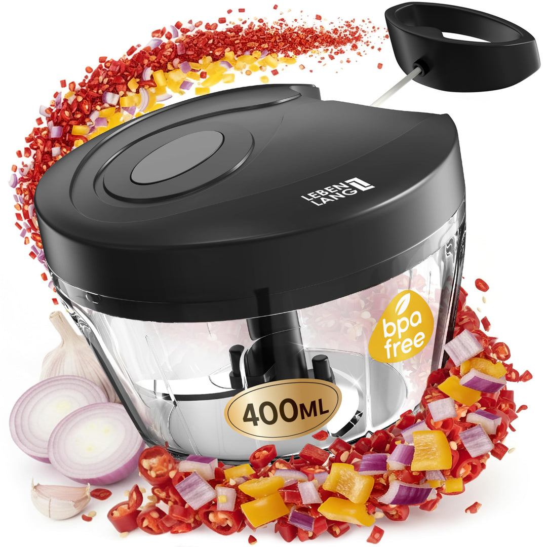 LEBENLANG Gemüse & Zwiebel Zerkleinerer Manuell - 400ML & BPA-Frei | 3 Klingen Obstzerkleinerer Manu